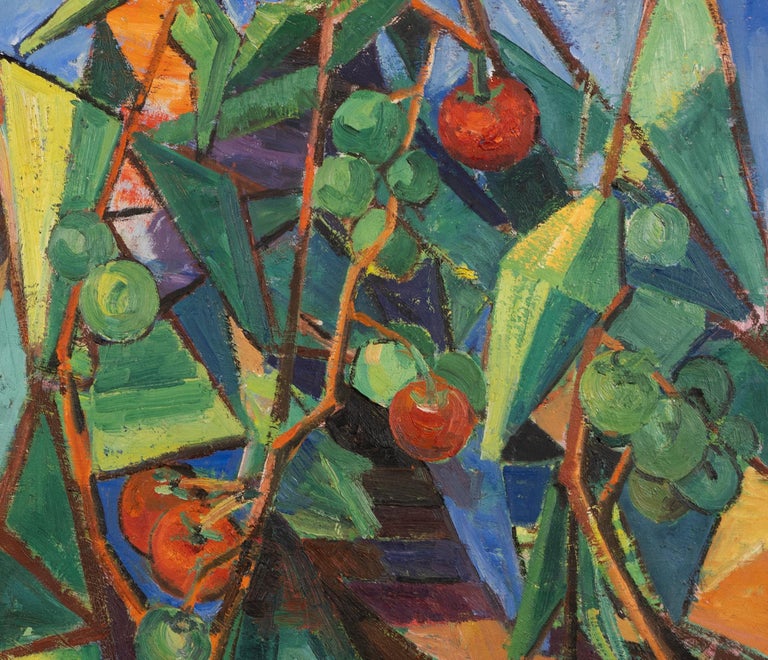Vintage American School Modernist Tomato Garden Still Life Cubist Oil Painting For Sale 1