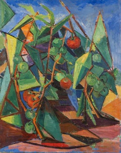 Vintage American School Modernist Tomato Garden Still Life Cubist Oil Painting