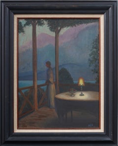 Vintage American School Moonlit Impressionist Mountain Balcony Signed Painting