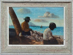 Vintage American School Oil Painting, St Kitts 1949 with Fishermen