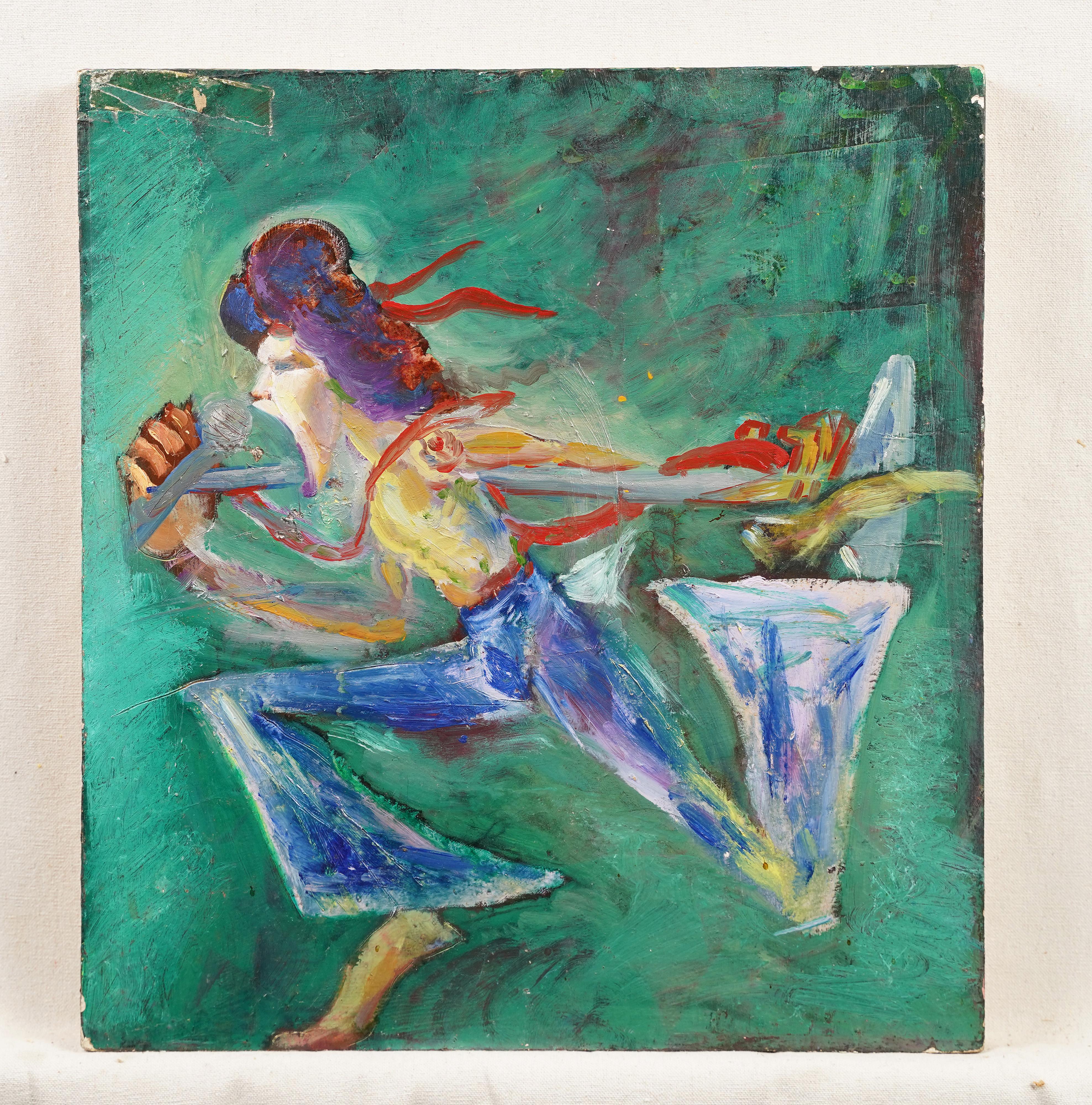 Vintage Scuola Americana Pop Art Musicista che canta Rockstar Pittura ad olio originale - Painting di Unknown