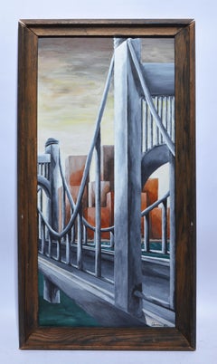 Vintage American School Precisionist Bridge Abstract Cityscape Oil Painting