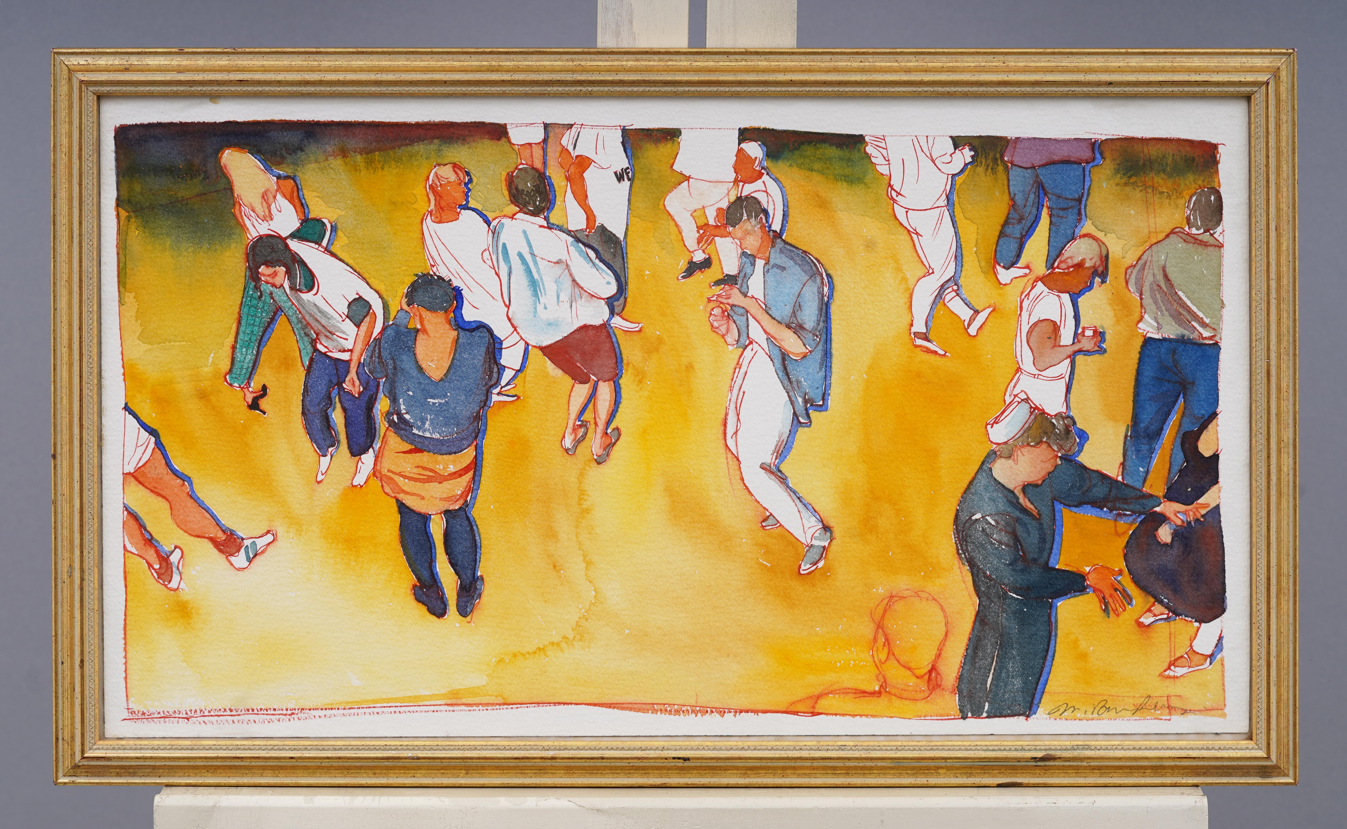 Vintage American School signiert Aquarell 80er Jahre Tanz-Party-Szene gerahmte Malerei – Painting von Unknown