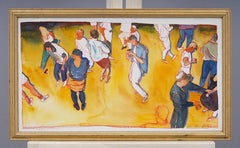 Vintage American School Signed Watercolor 80s Dance Party Scene Framed Painting