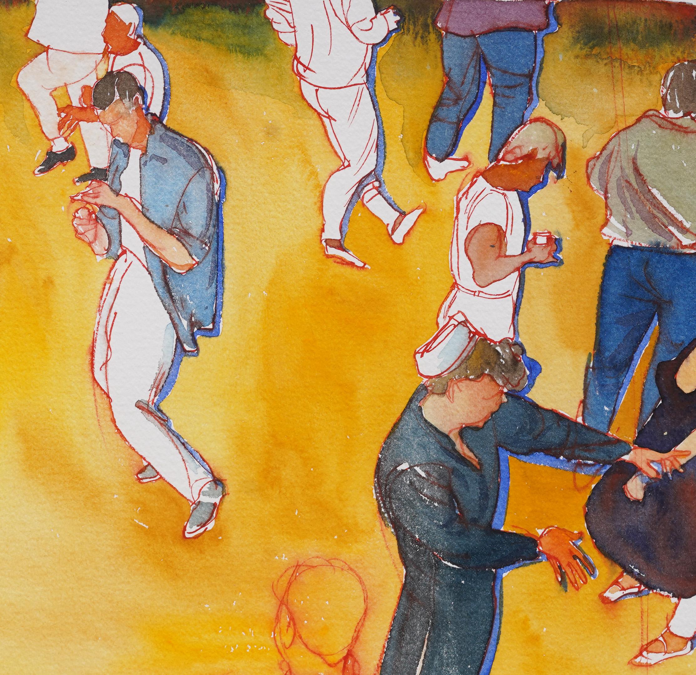 Vintage American School signiert Aquarell 80er Jahre Tanz-Party-Szene gerahmte Malerei (Braun), Interior Painting, von Unknown