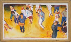 Vintage American School Signed Watercolor 80s Dance Party Scene Framed Painting