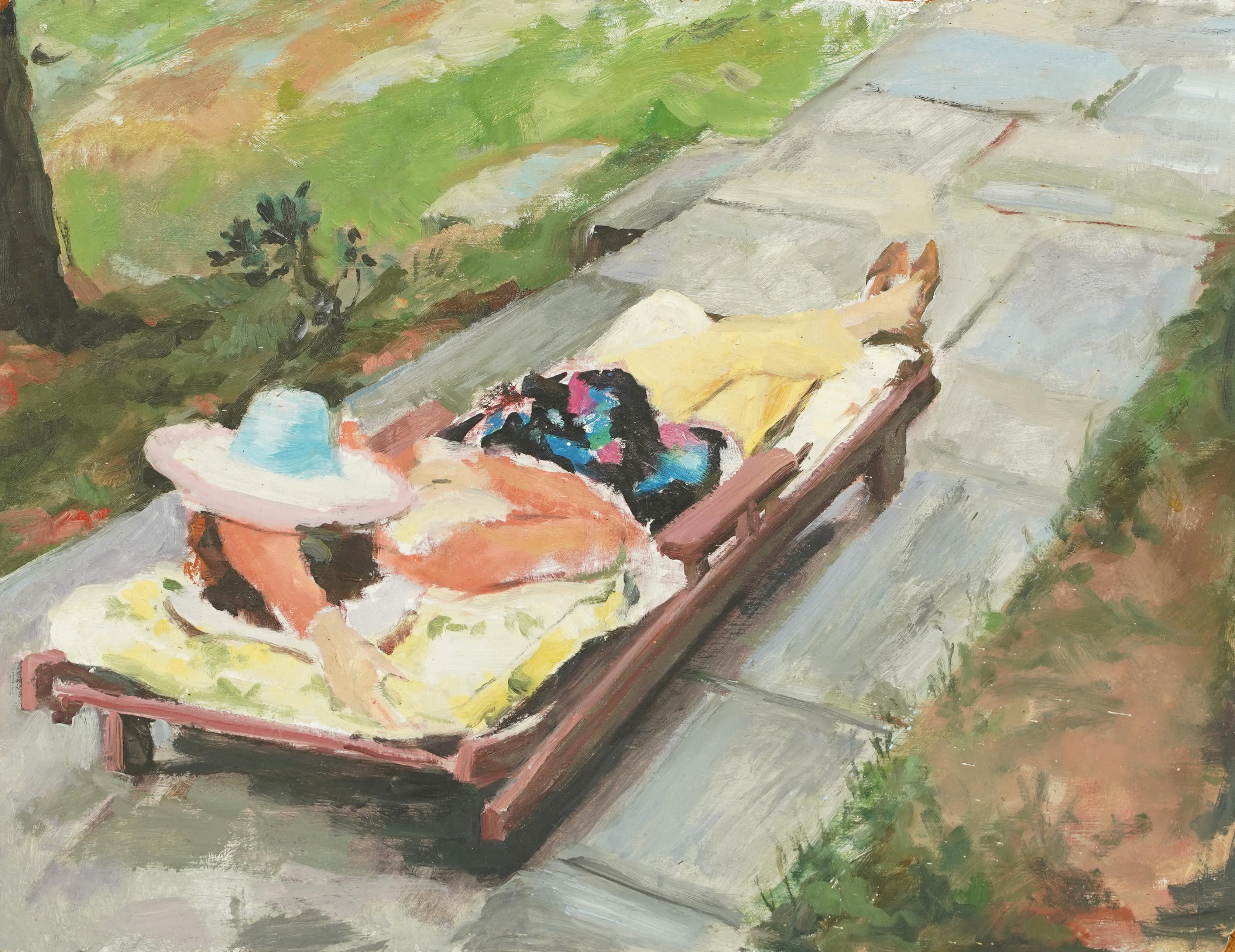 Original-Modernistisches Ölgemälde der amerikanischen Schule, Sonnenbaden Frau – Painting von Unknown