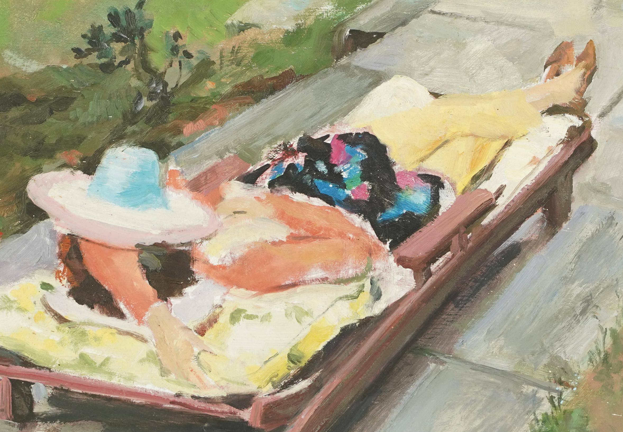 Original-Modernistisches Ölgemälde der amerikanischen Schule, Sonnenbaden Frau (Impressionismus), Painting, von Unknown