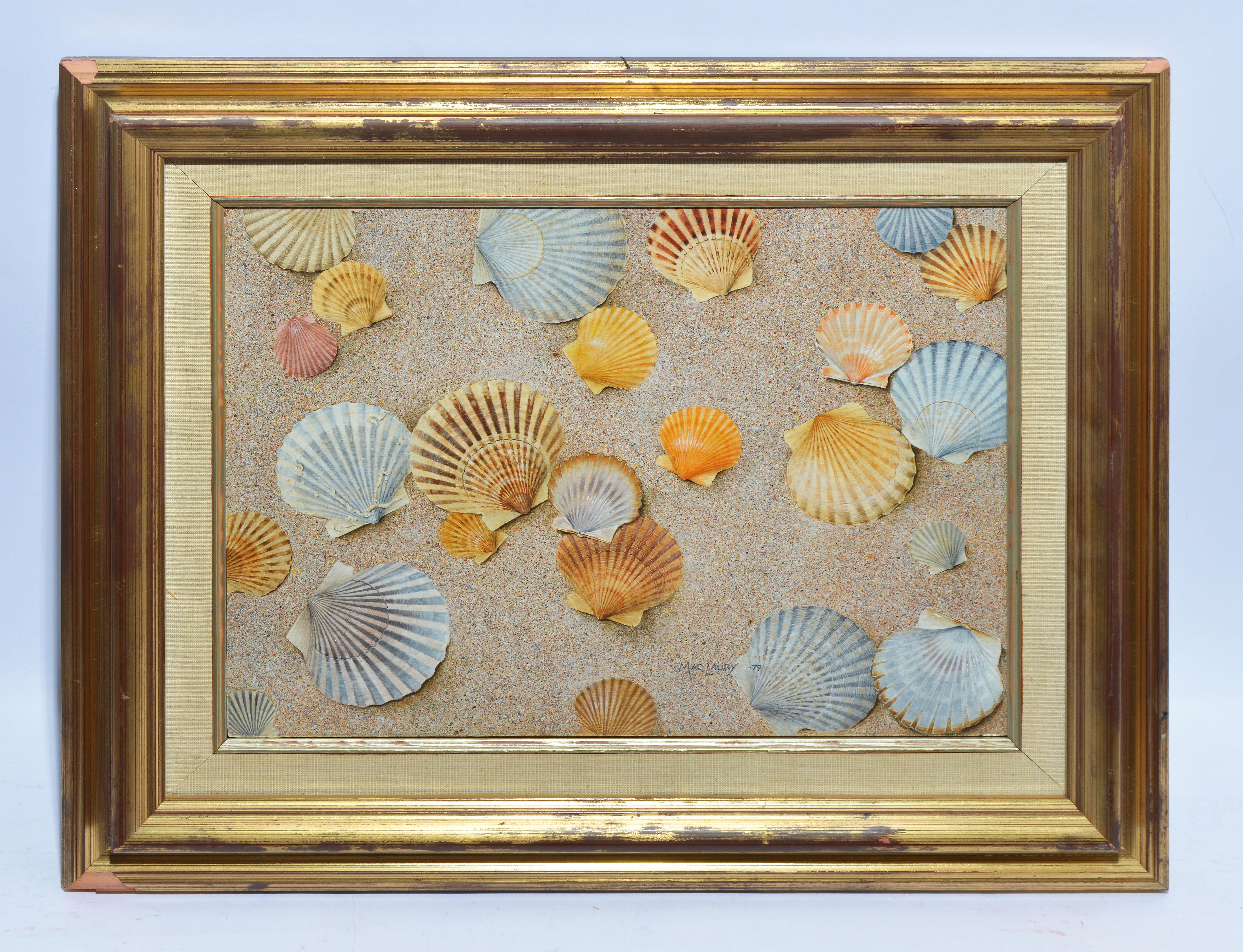 Vintage American School Trompe L'Oeil Beach Shell Still Life Signed Oil Painting - Brown Still-Life Painting by Unknown
