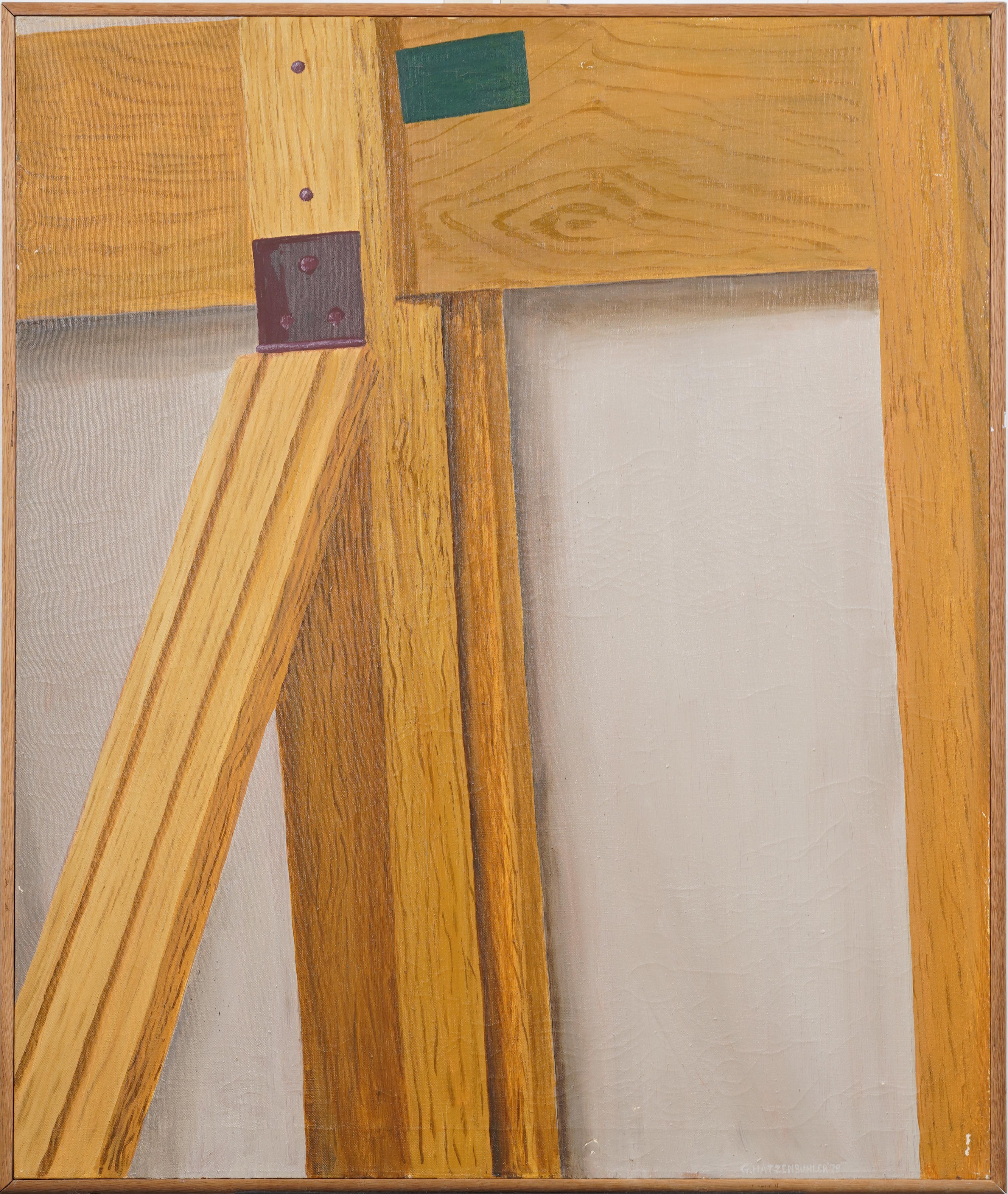 Vintage American School Trompe L'Oeil Modernist Still Life Framed Oil Painting - Brown Interior Painting by Unknown