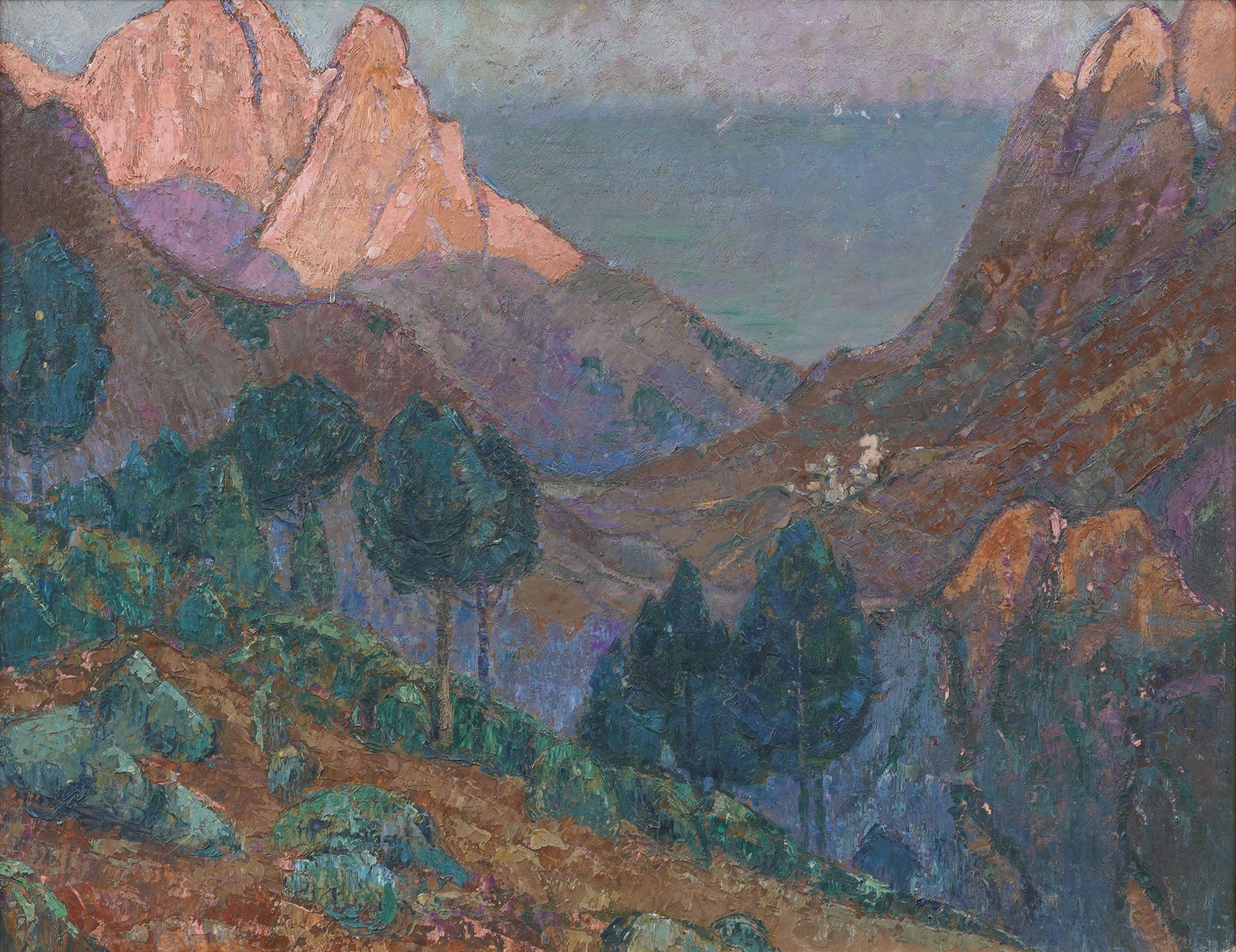 Vintage American school fauvist landscape oil painting. Oil on board.   Framed.  In excellent original condition. Handsomely framed in a  giltwood molding.  Excellent condition, ready to hang and enjoy. 
