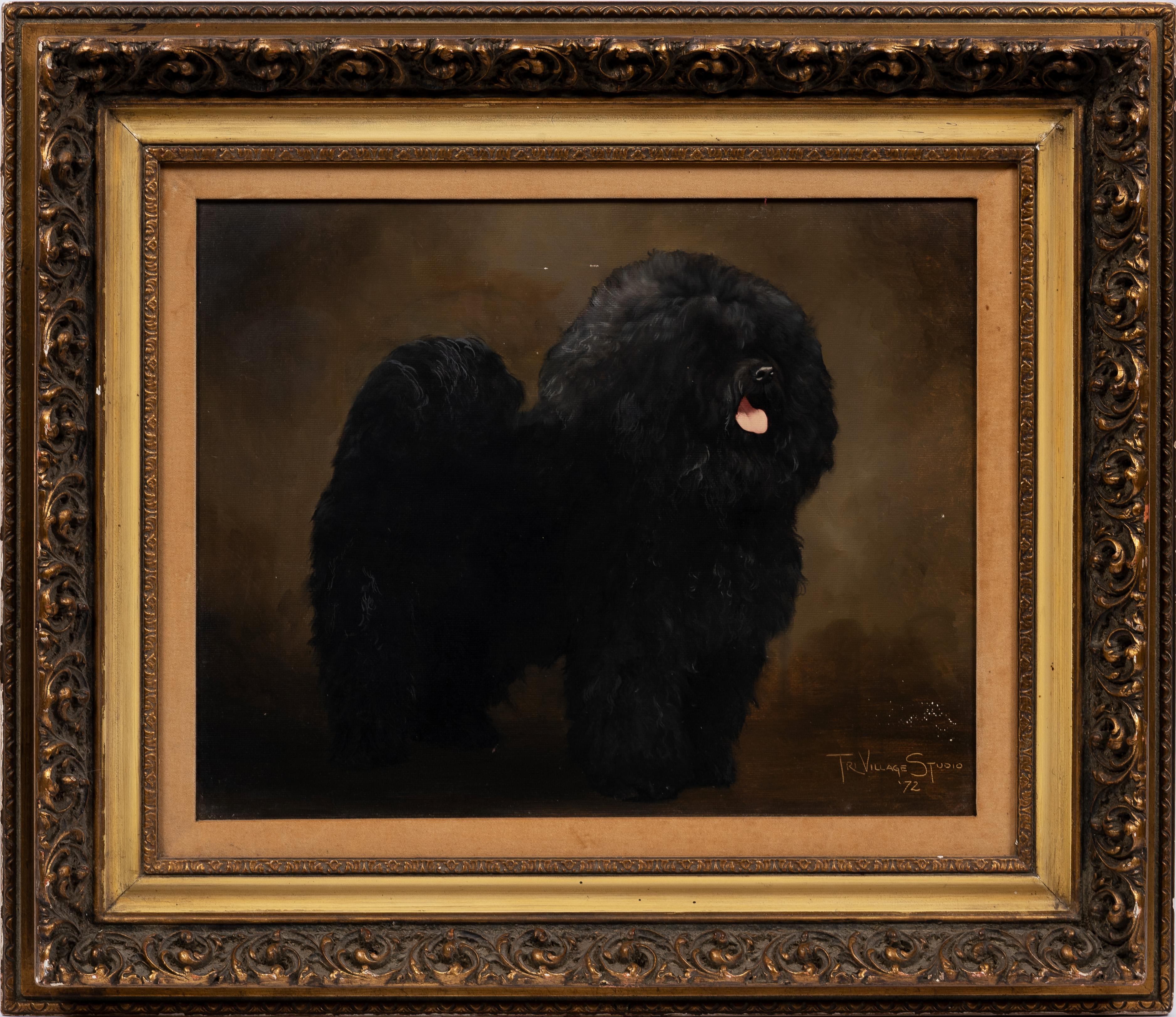 Vintage American Signed Shaggy Dog Portrait Framed Animal Oil Painting - Black Interior Painting by Unknown