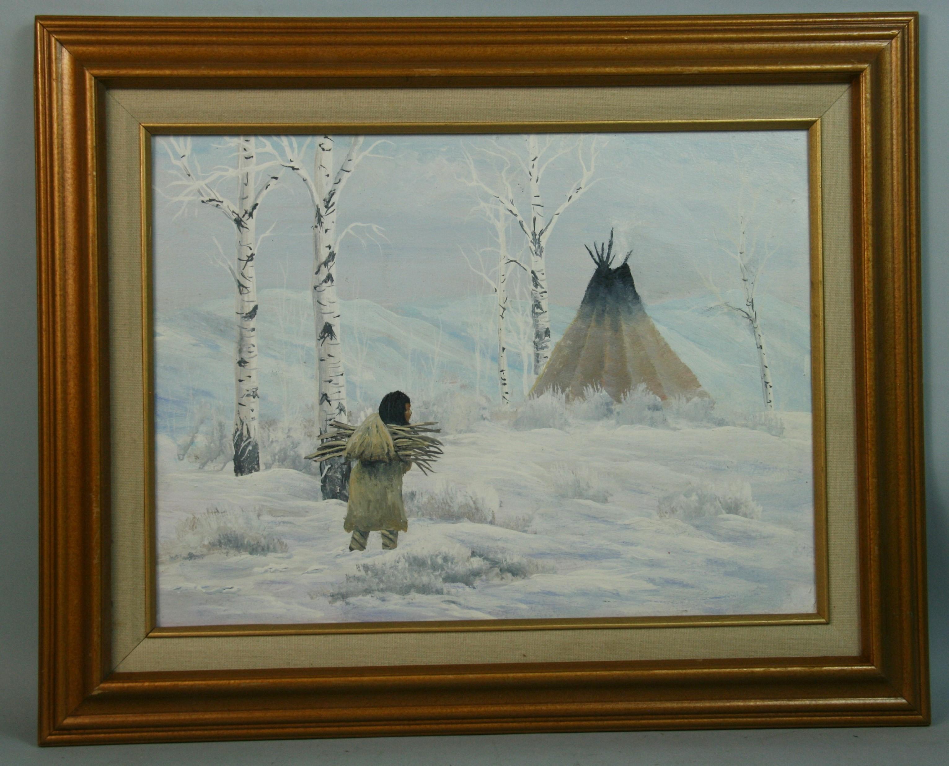 Unknown Figurative Painting - Vintage American South West Indian Snow CoveredLandscape Oil Painting