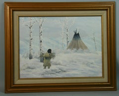 Vintage American South West Indian Snow Covered Landscape peinture à l'huile