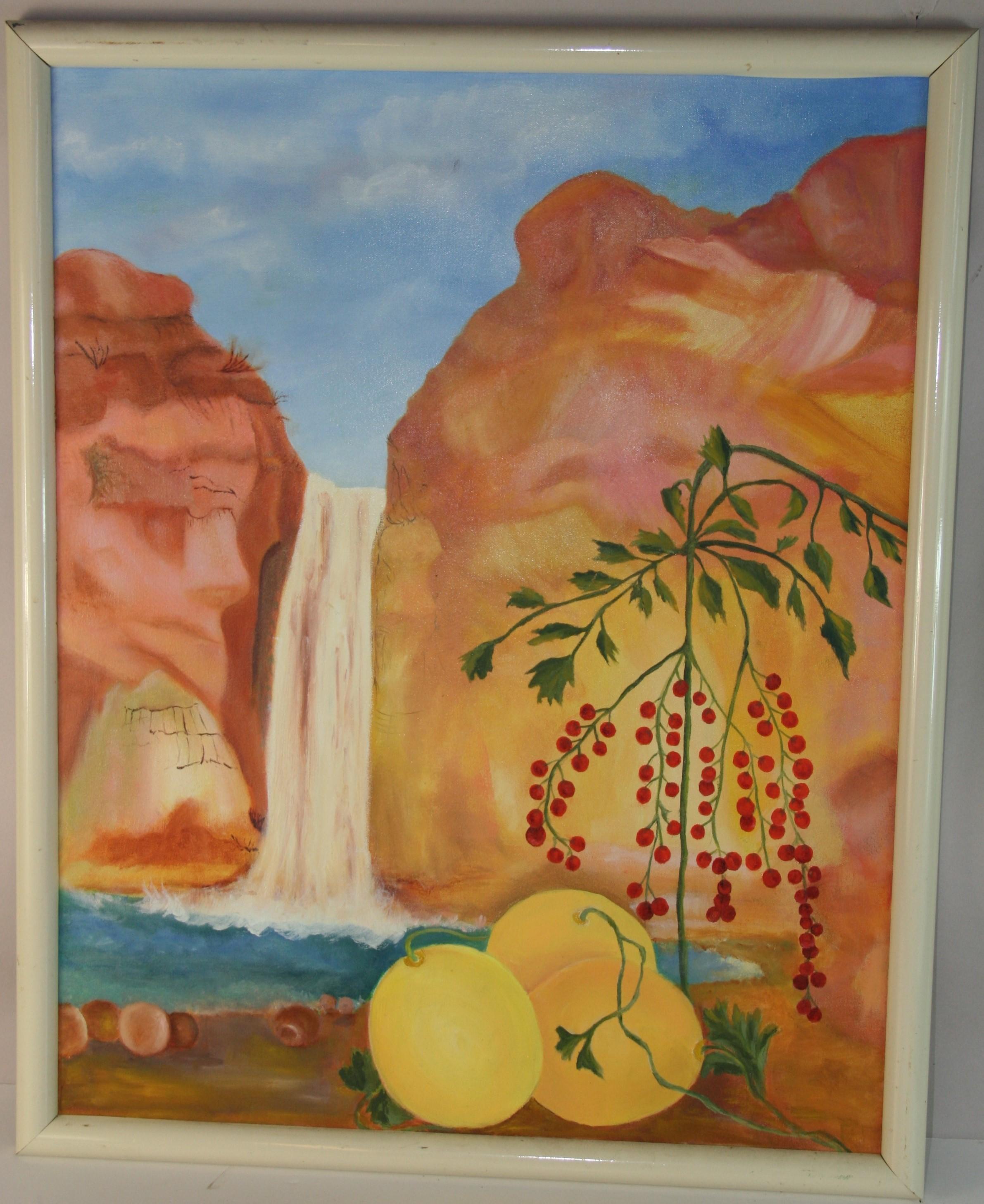 Vintage American South West  large Oil Painting Waterfall Scene Landscape Framed - Brown Landscape Painting by Unknown