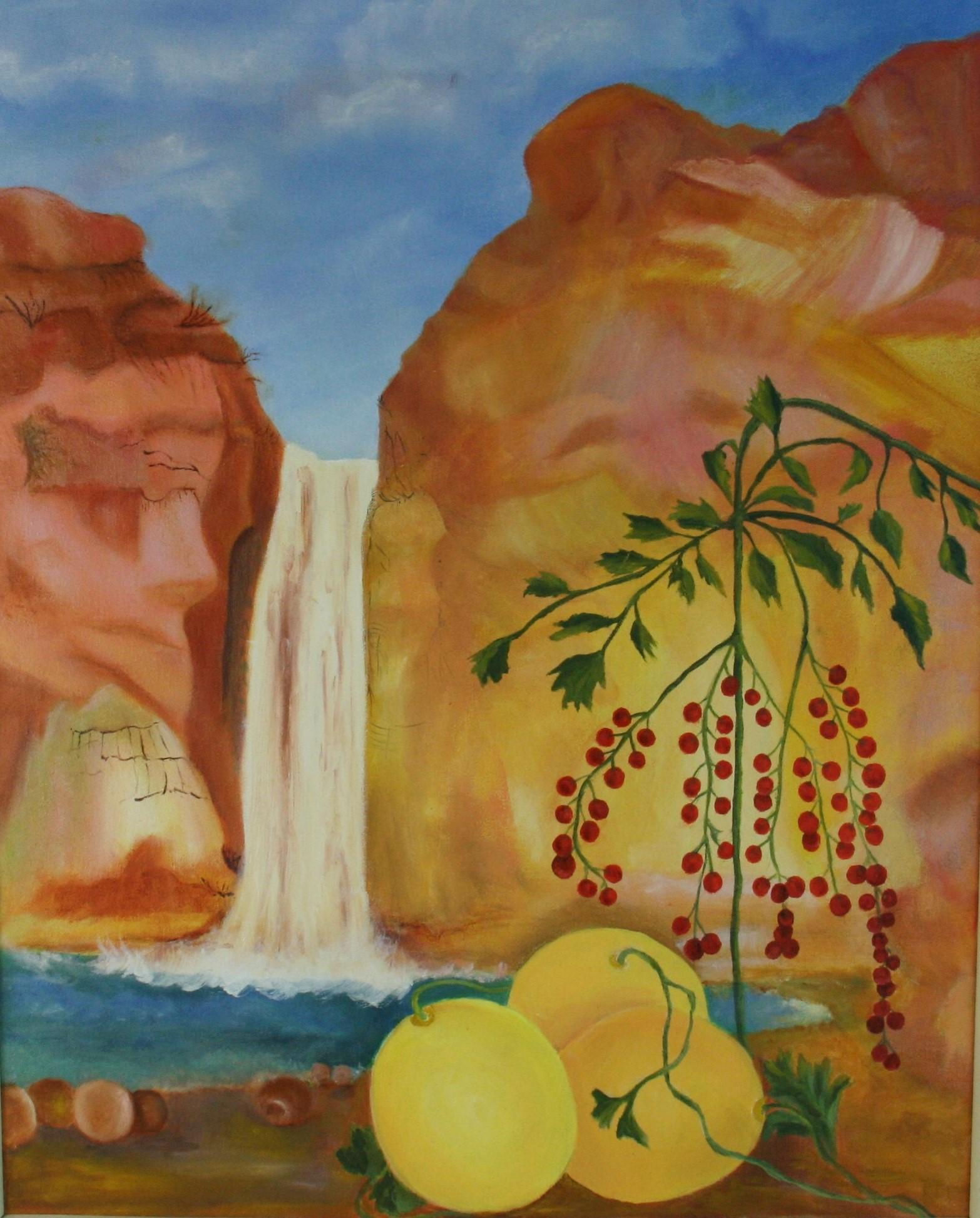 5170 Vintage southwest oil painting fantasy waterfall with flowers and oversized fruit