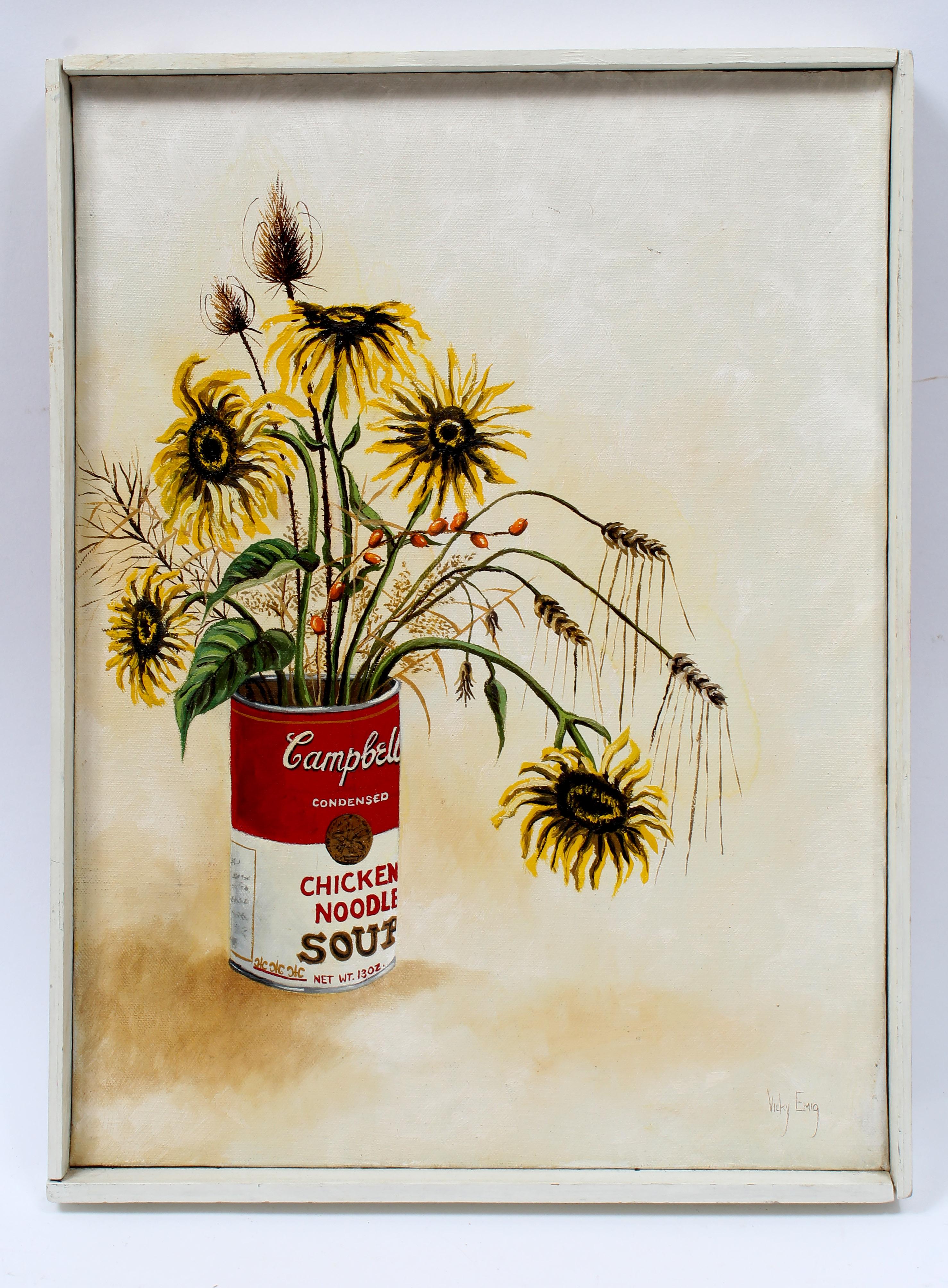 Unknown Still-Life Painting - Vintage American Still Life Wild Flowers Campbells Soup Can Framed Signed 