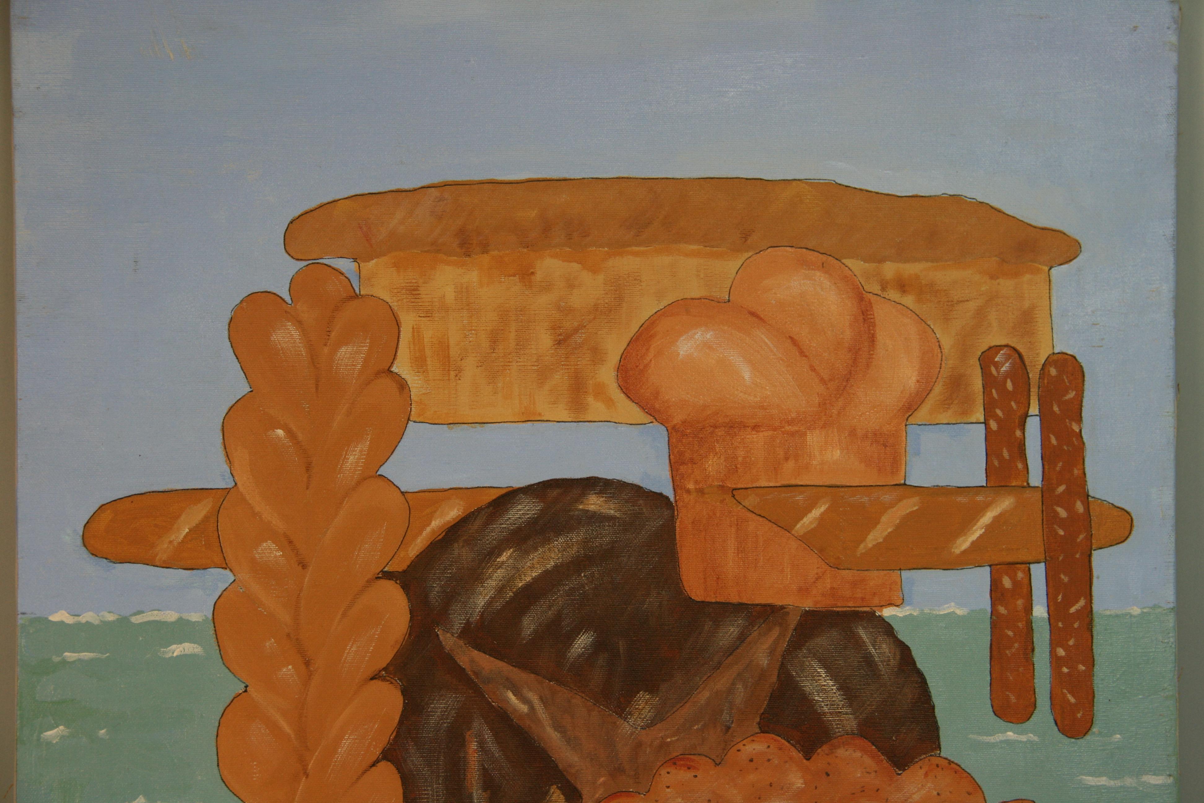 5013 Vintage American Surreal bread upon the waters (pain sur l'eau)
techniques mixtes sur toile tendue
Non encadré
Signé au verso N. Leavitt 1996