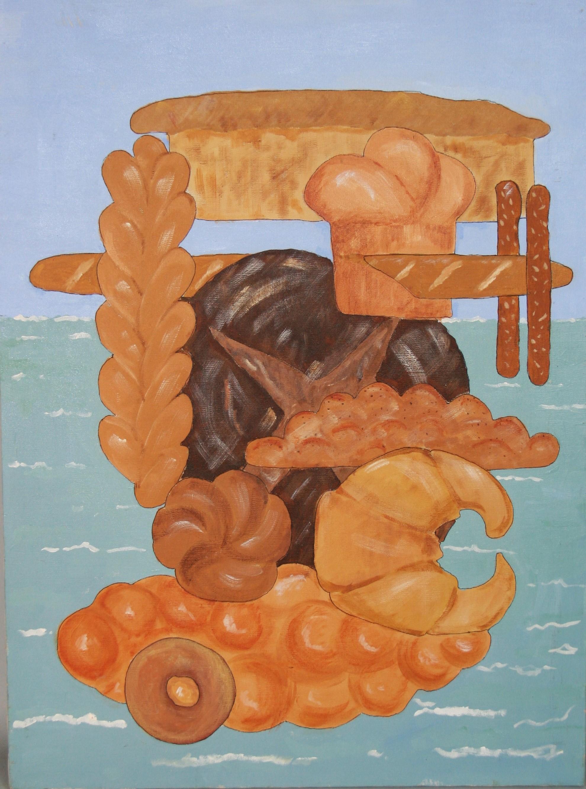Abstract Painting Unknown - Acrylique sur toile américaine surréaliste vintage « Bread upon The Waters »