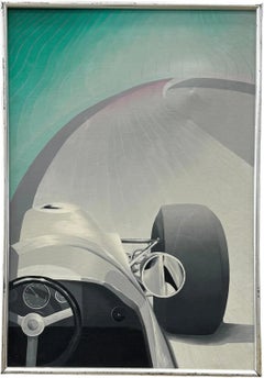 Vintage Art Deco Formula Two Grand Prix Car Racing Modernist MCM Oil Painting