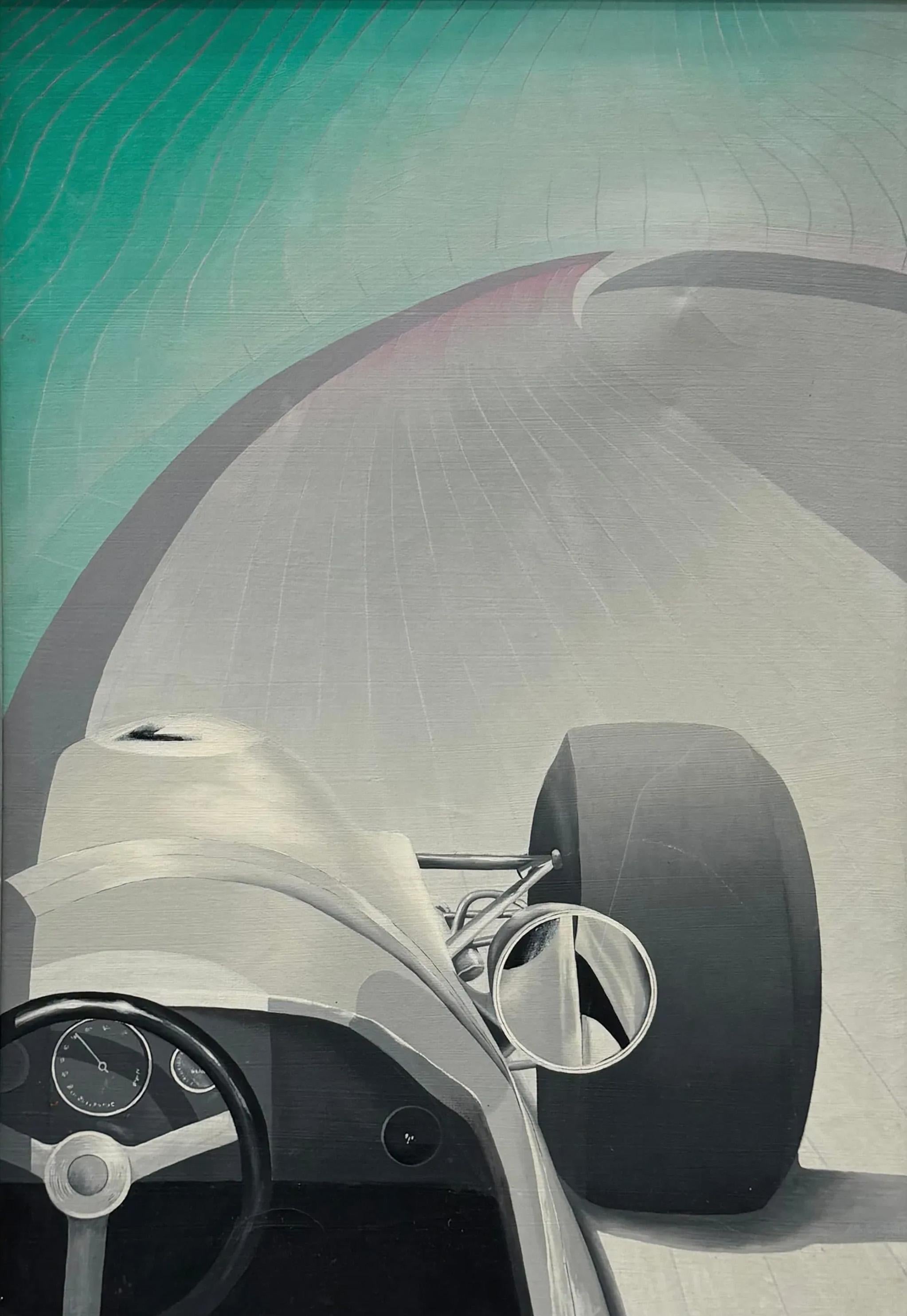 Vintage Art Deco Fórmula Dos Gran Premio de carreras de coches Modernista MCM Pintura al óleo - Painting Moderno de Unknown