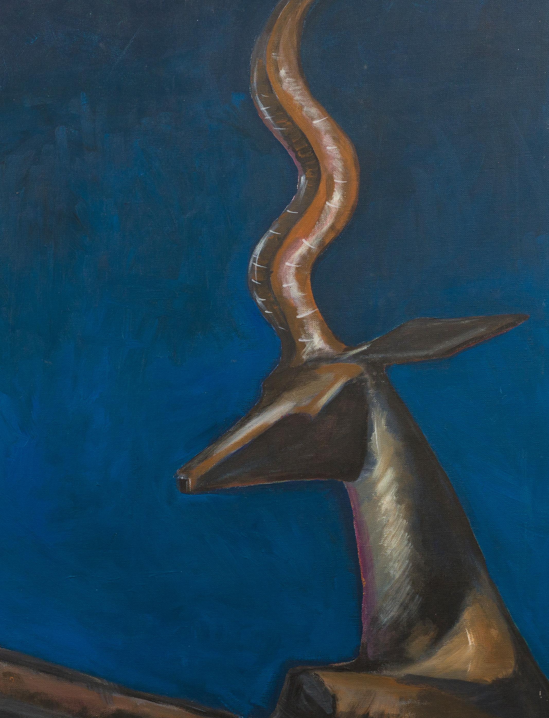 Vintage Art Deco Modernist Antelope Animal Still Life Framed Oil Painting For Sale 1