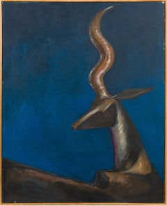 Vintage Art Deco Modernist Antelope Animal Still Life Framed Oil Painting