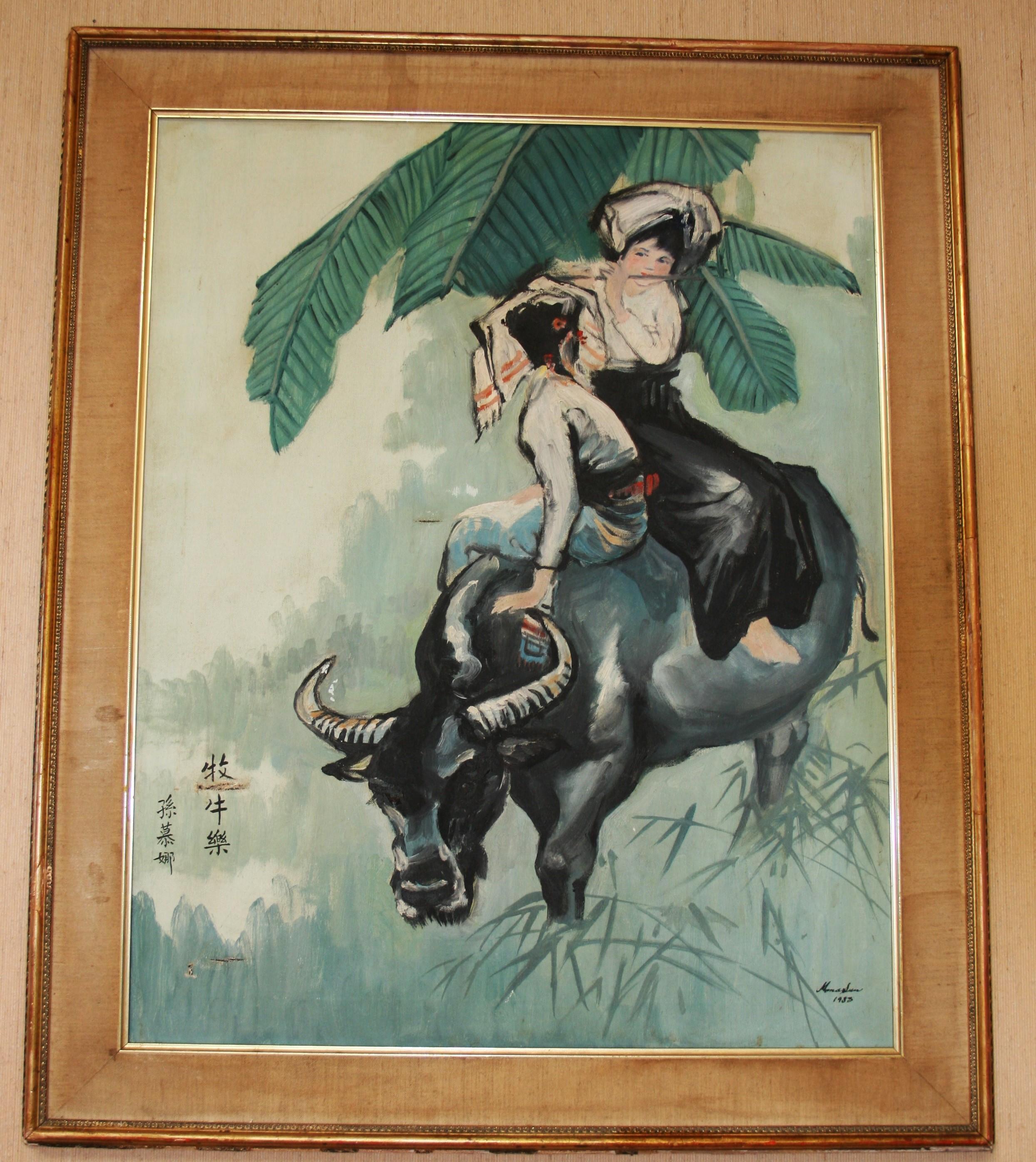 Vintage  Asian Framed oil Painting of Two Young Boys Riding a Waterbuffalo - Brown Figurative Painting by Unknown
