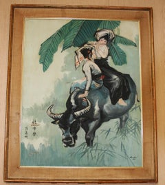 Vintage  Asian Framed oil Painting of Two Young Boys Riding a Waterbuffalo