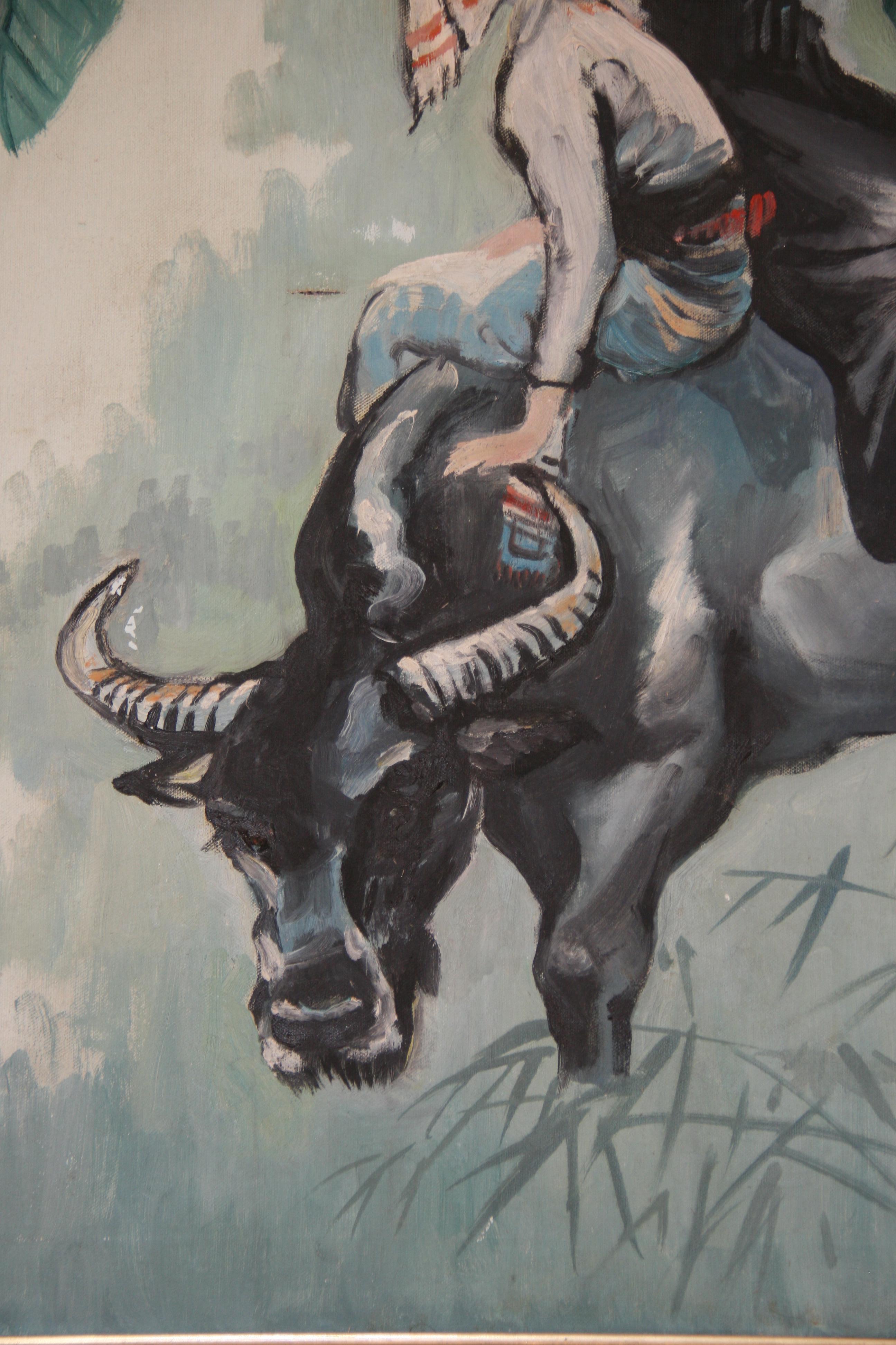 Vintage  Asian Framed oil Painting of Two Young Boys Riding a Waterbuffalo 2