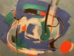 Vintage Atomic Mid Century Abstract Oil Painting ca 1980 Signed M. Hill