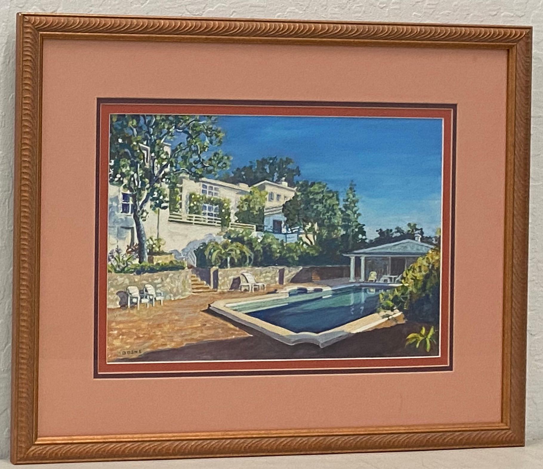 Unknown Landscape Painting - Vintage "Backyard Pool" Original Gouache Painting by Dosne