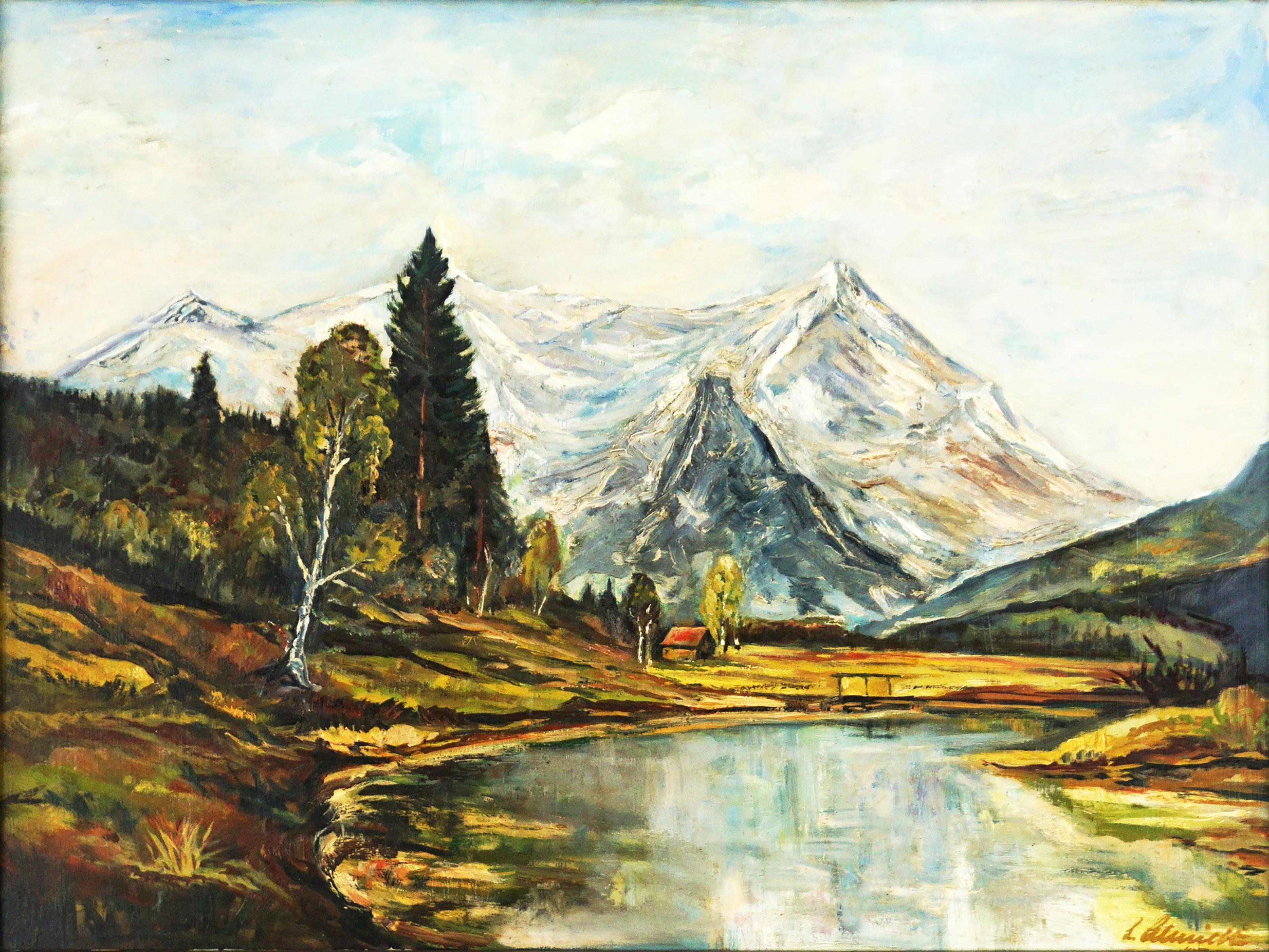 Vintage Bavarian Lake Landscape in European Style - Painting by Unknown