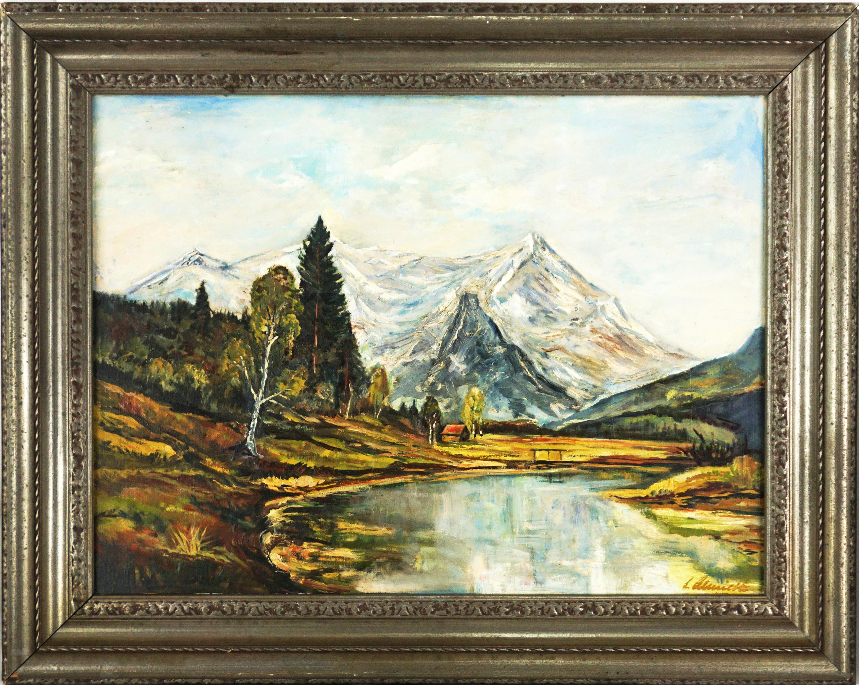 Landscape Painting di Unknown - Paesaggio bavarese vintage in stile europeo