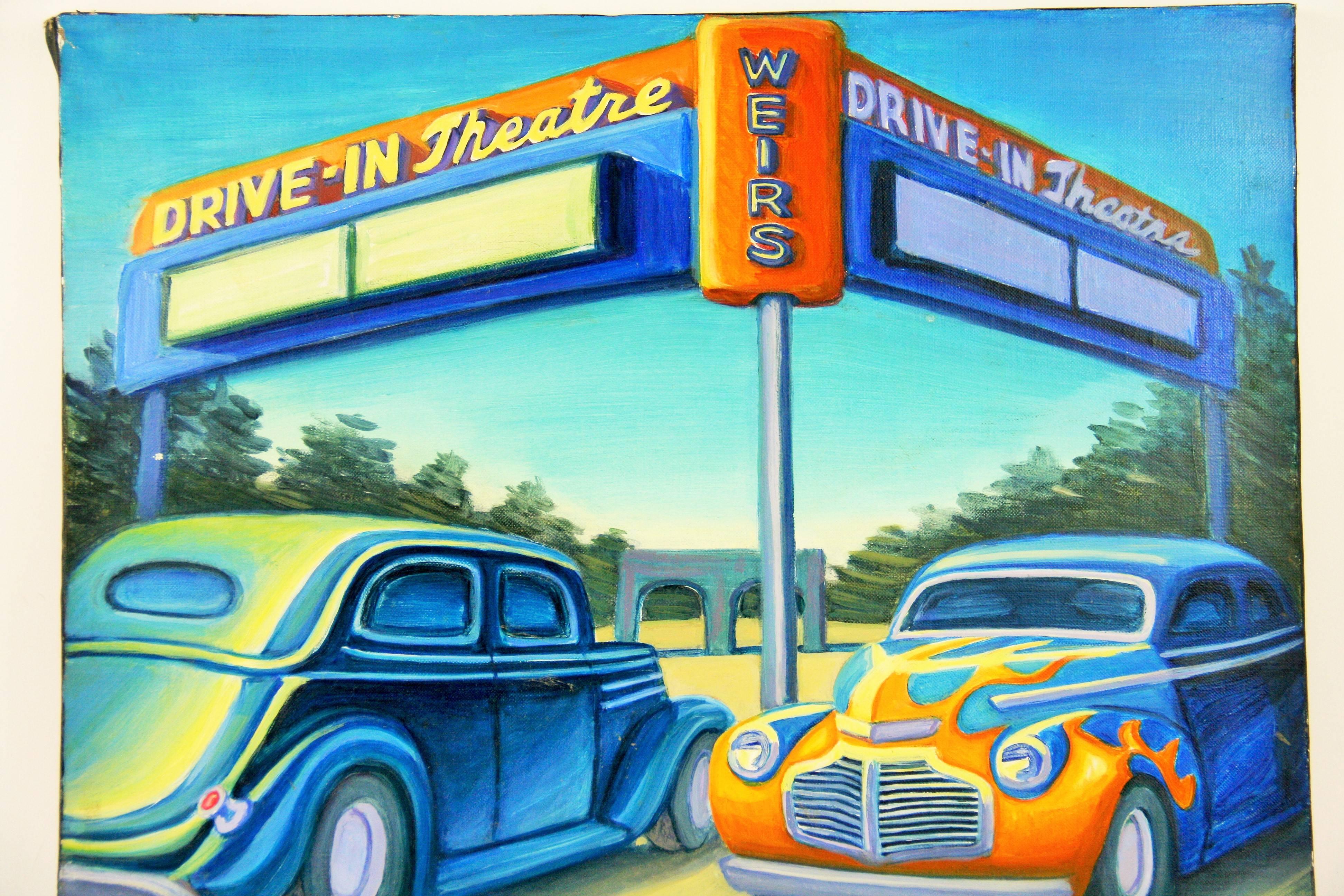Vintage California  Weirs Drive In City scape  Vintage Hot Rod  Cars - Blue Landscape Painting by Unknown