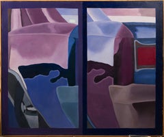 Vintage Car American School Pop Art Abstract Landscape Framed Oil Painting