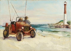 Vintage Car Beach Dune Buggy New England Coastal Scene Signed Rare Oil Painting