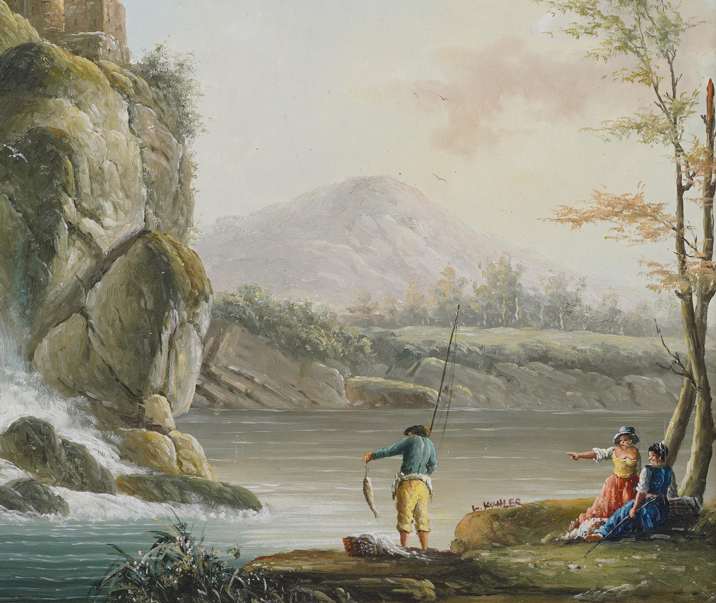 Vintage Classical Fishing Landscape Wide Gold Frame Oil Painting For Sale 4