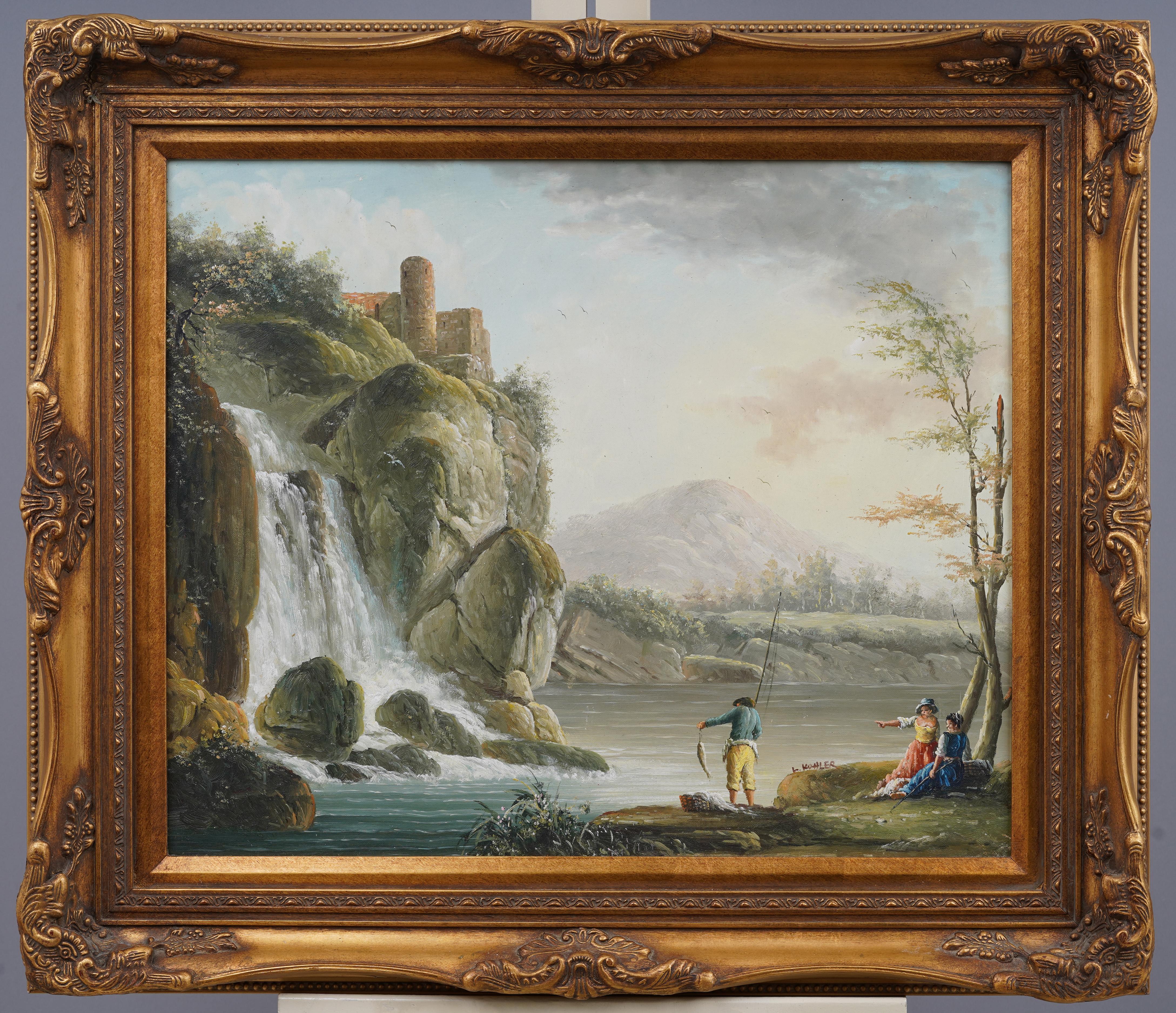 Unknown Landscape Painting - Vintage Classical Fishing Landscape Wide Gold Frame Oil Painting