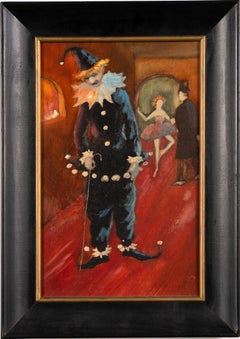 Vintage Clown Comedy "The Loser" Genre Scene Interior Signed Oil Painting