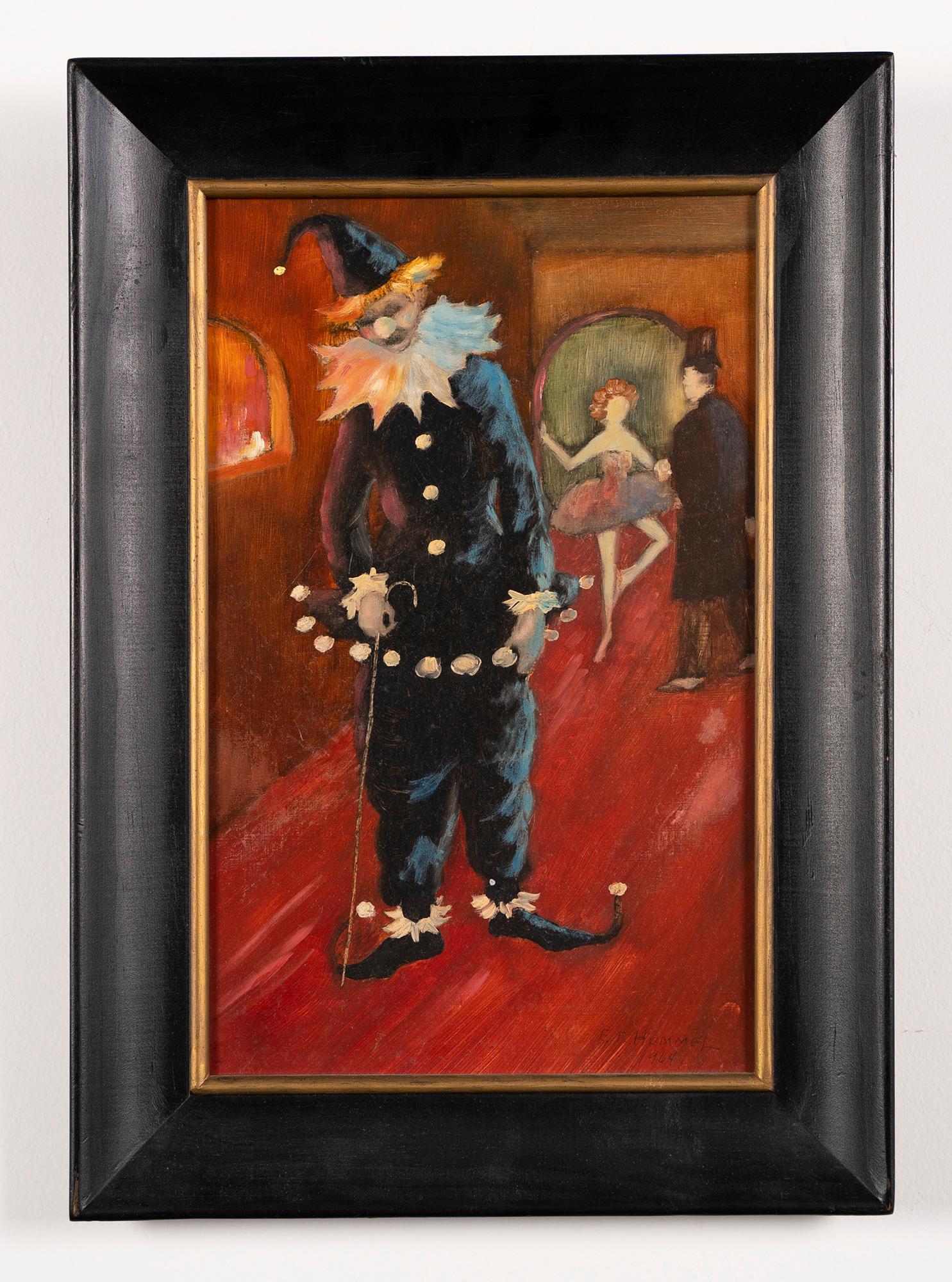Vintage American modernist interior painting of sad clown.  Oil on board, circa 1964.  Signed lower right.  Image size, 8.5L x 13.5H.  Framing available