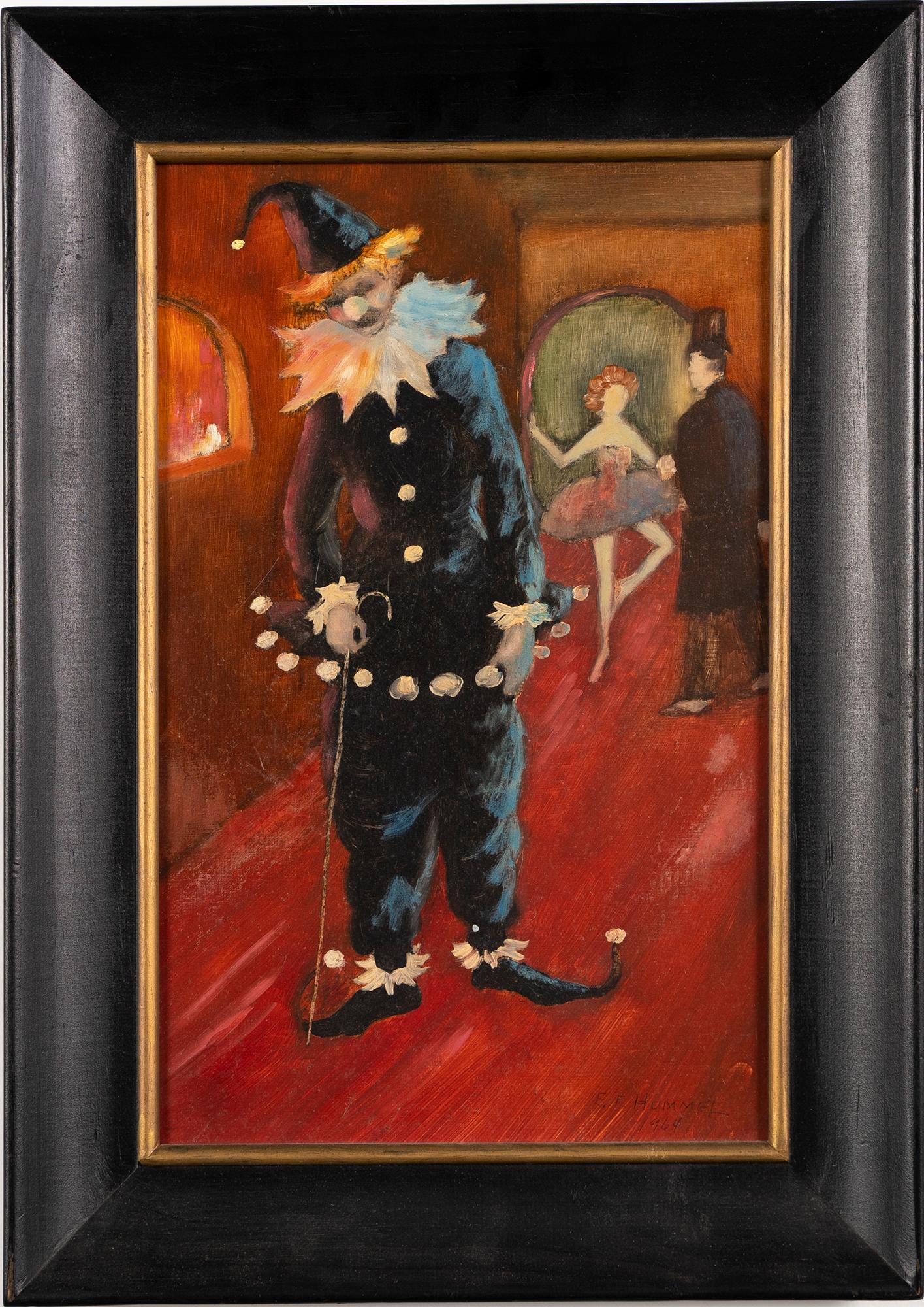 Unknown Portrait Painting - Vintage Clown Comedy "The Loser" Genre Scene Interior Signed Oil Painting 