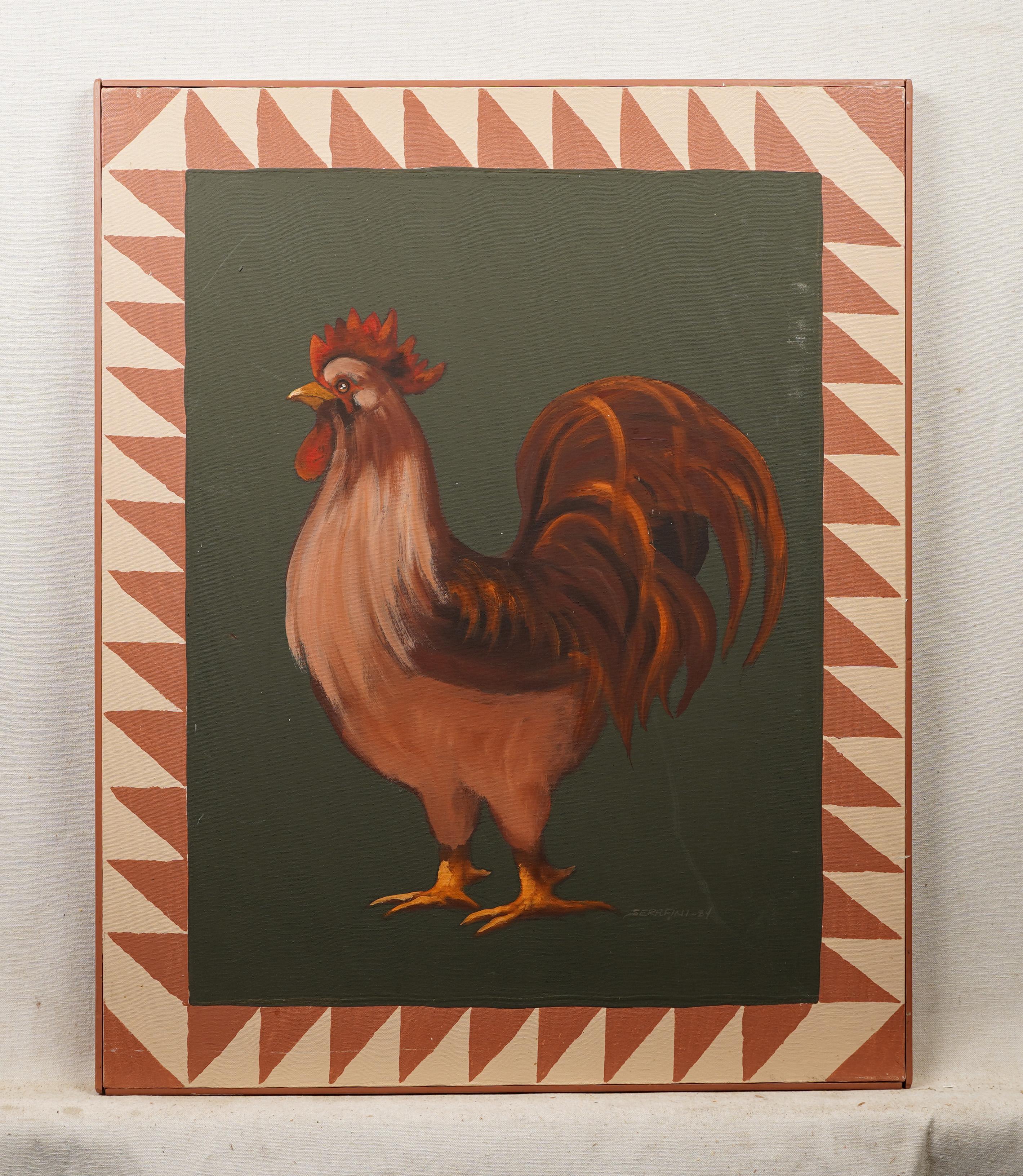 Vintage American modernist chicken oil painting.  Oil on canvas.  