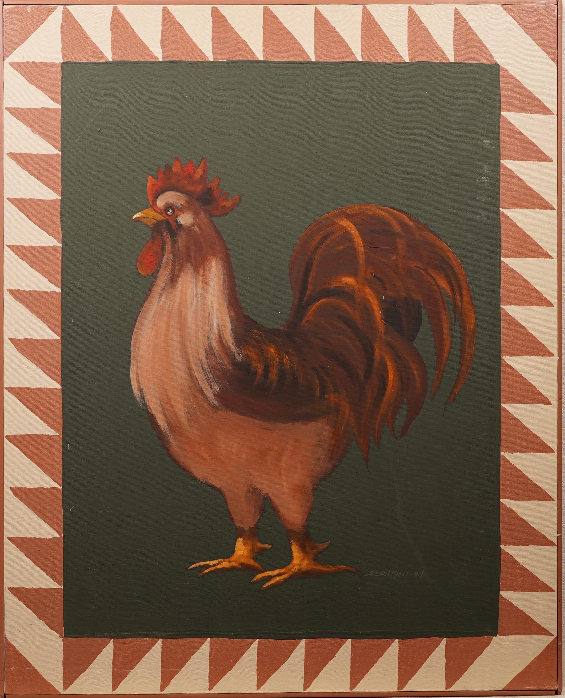Unknown Animal Painting - Vintage Country Chic Americana Folk Art Rooster Portrait Original Oil Painting