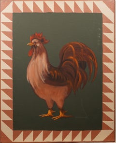Vintage Country Chic Americana Folk Art Rooster Portrait Original Oil Painting