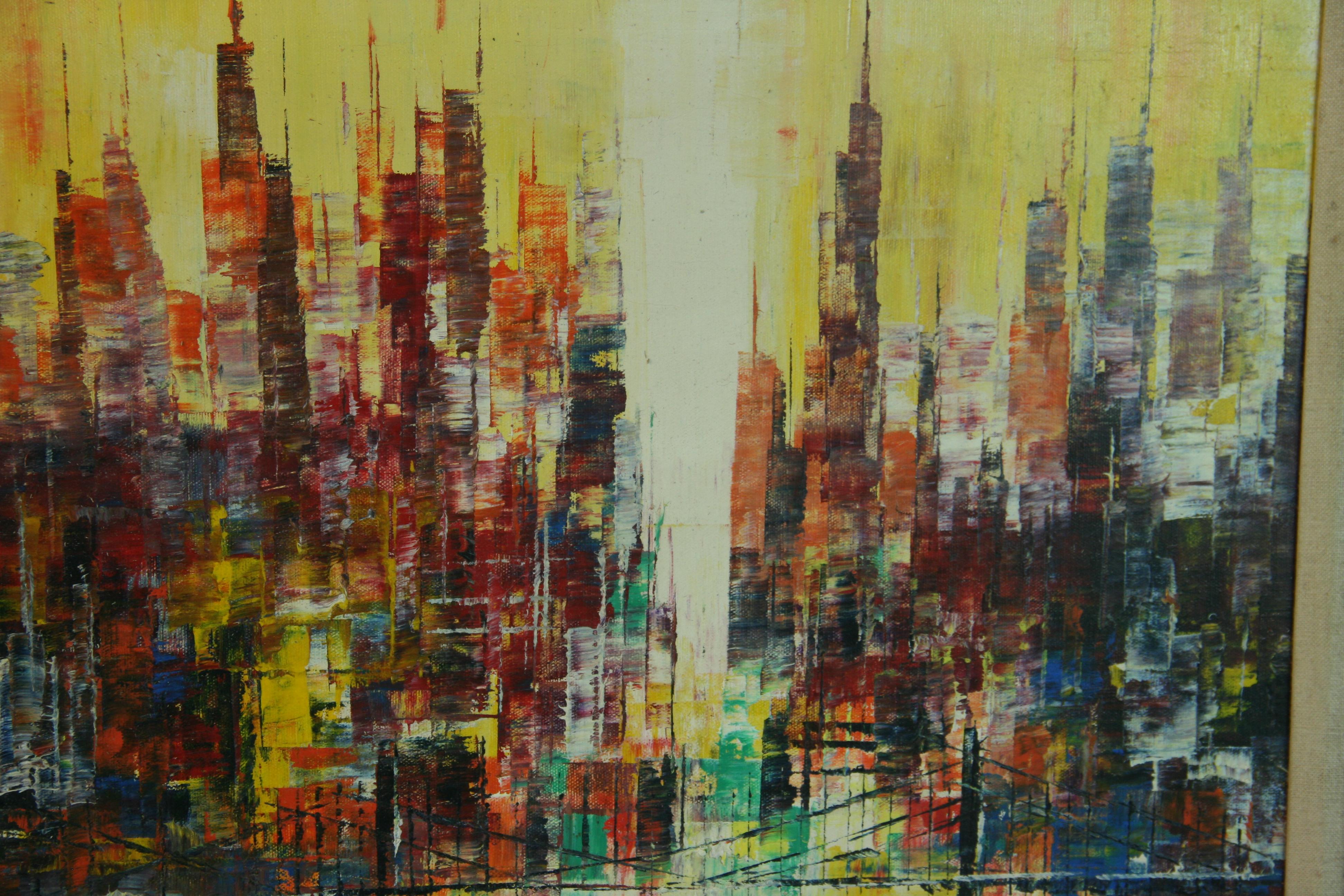 Pittura ad olio antica Cubic City Skyline in vendita 1