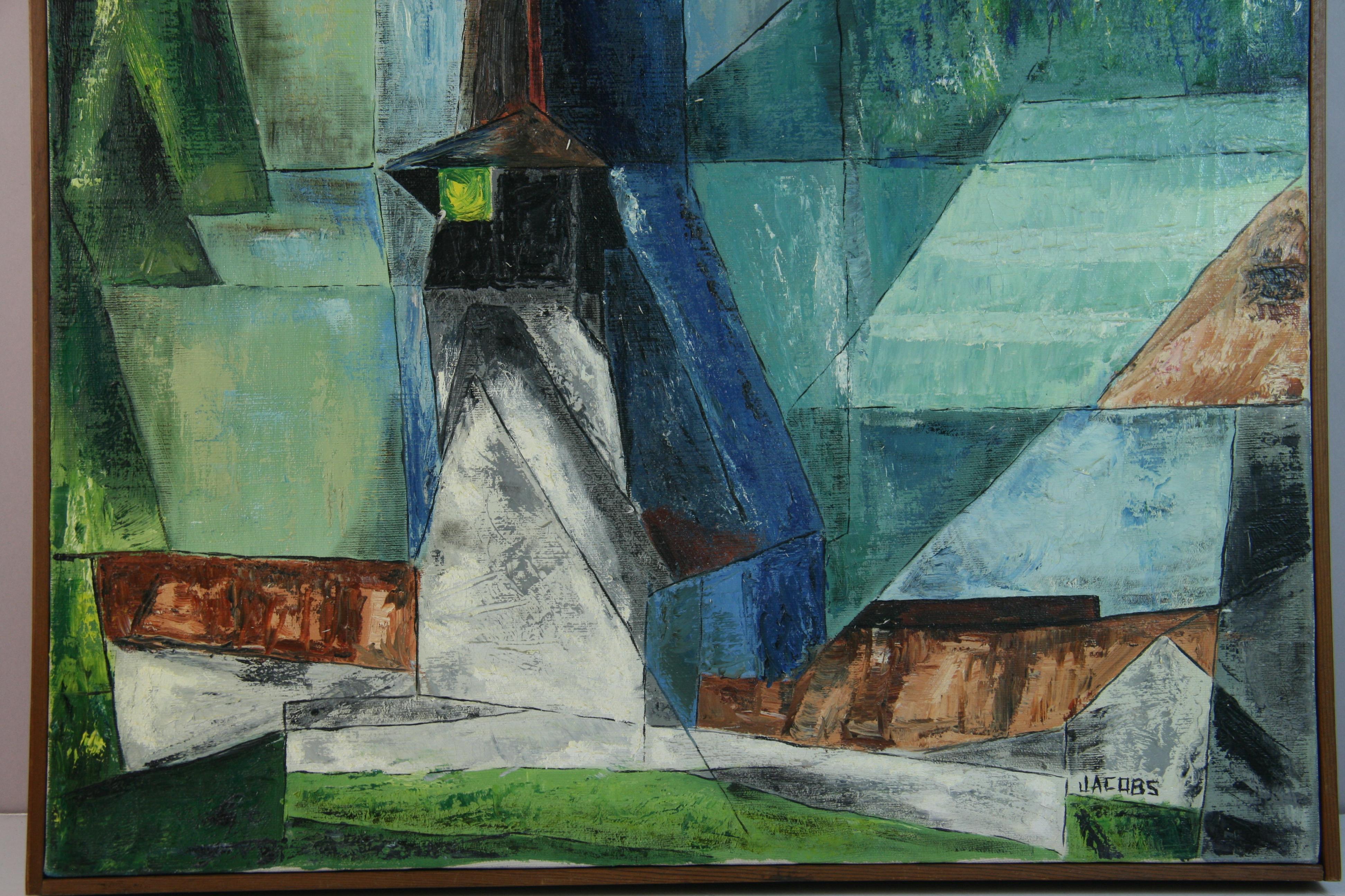 American Vintage Cubic Green Village  Landschaft (Grau), Abstract Painting, von Unknown