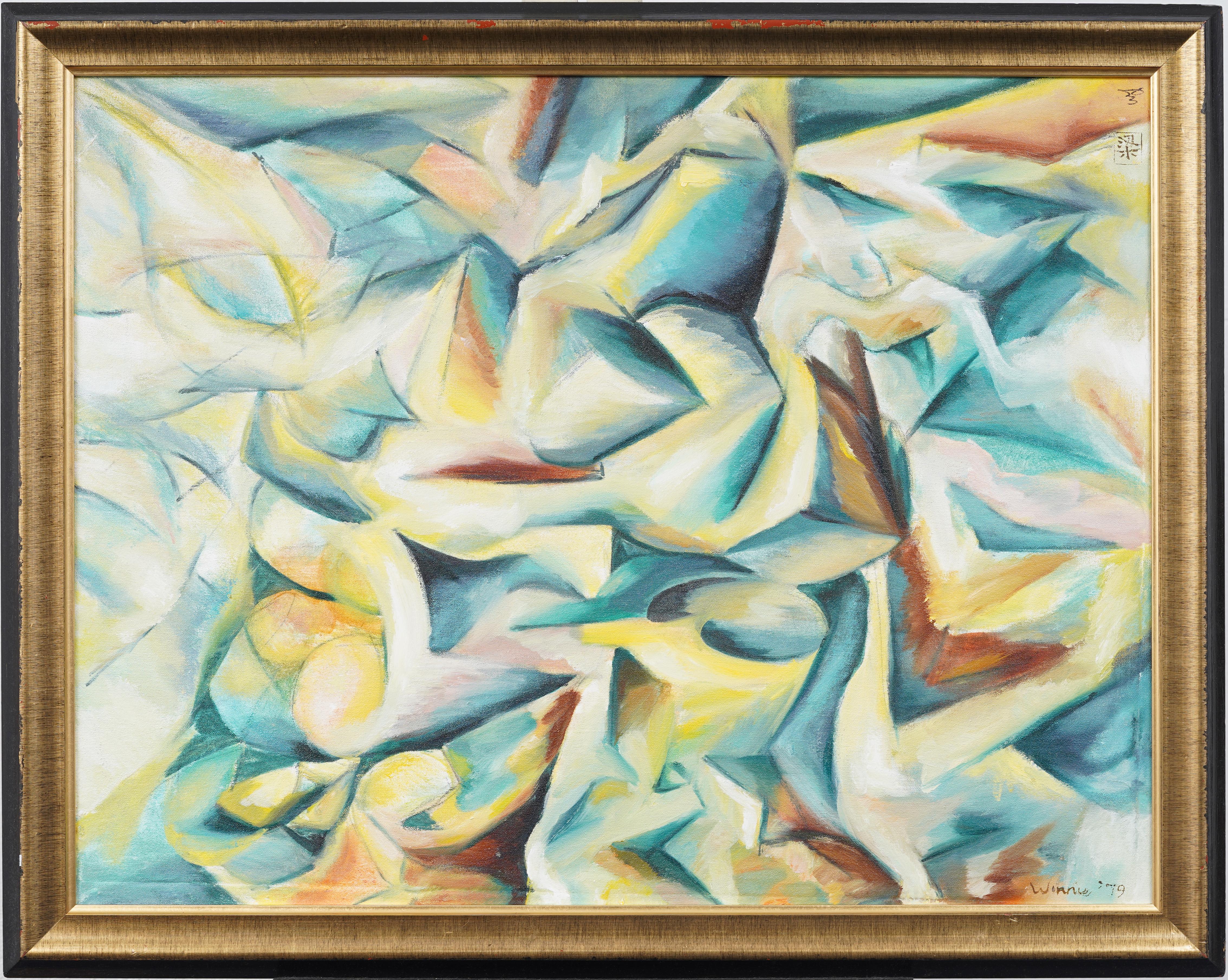 Pintura al óleo cubista abstracta vintage firmada y enmarcada de mediados del siglo XX