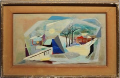 Vintage Cubist Modern Abstracted Landscape Oil Painting