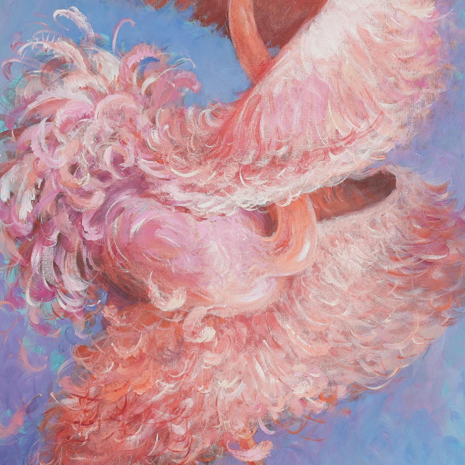 Peinture acrylique fantaisiste sur toile représentant un flamant rose dansant dans un style moderniste, signée Dan Poole en bas à gauche et présentée dans un cadre en bois doré.